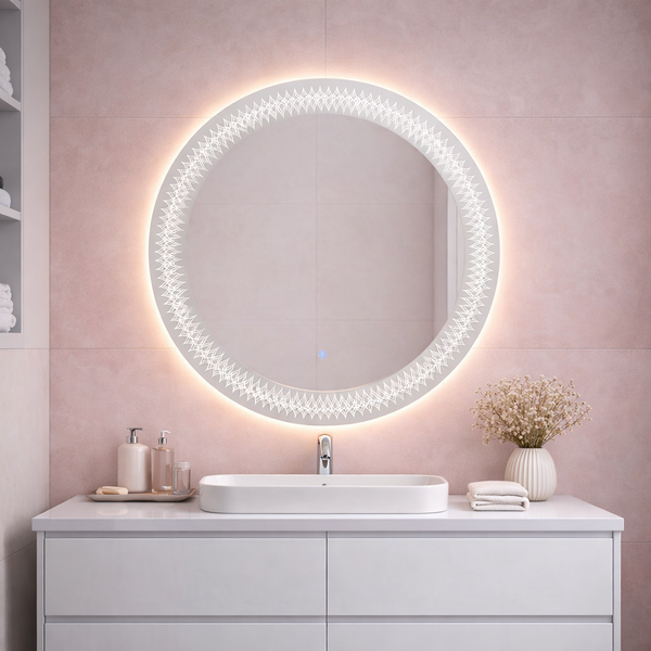 Runder Badspiegel mit dekorativem Muster und Beleuchtung über einem Waschtisch in einem hellen, modern gestalteten Badezimmer.