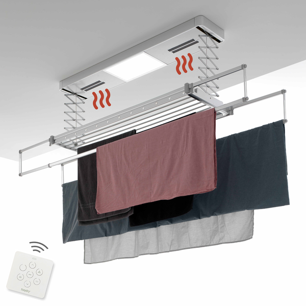 Elektrischer Deckenwäscheständer mit Fernbedienung und Wäsche
