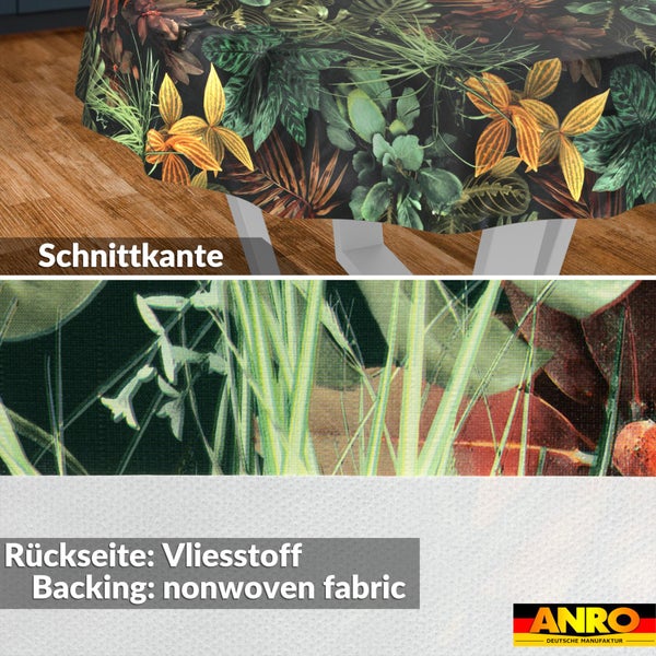 Tischdecke mit Blättermuster, Schnittkante und Rückseite aus Vliesstoff, ANRO Logo.