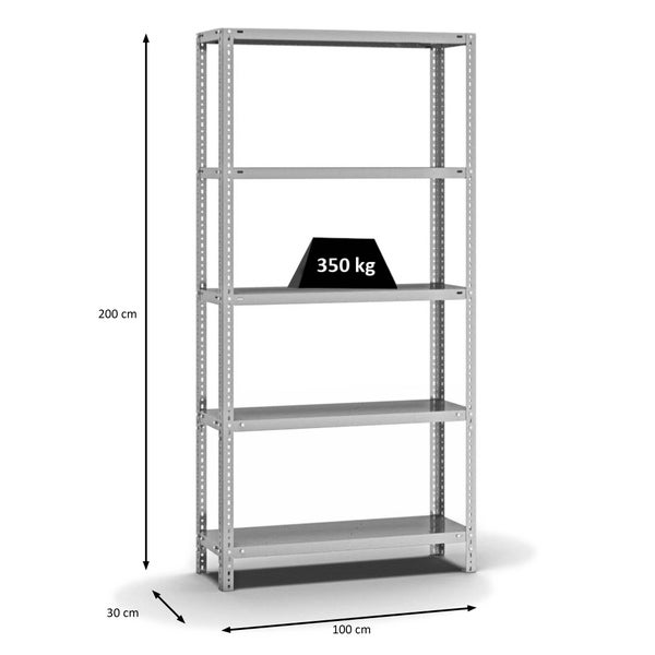 PROREGAL Fachbodenregal Schraubsystem Heavy-Duty Grundregal HxBxT 200 x 100 x 30 cm 5 Ebenen Fachlast 350 kg Beidseitig Nutzbar Verzinkt