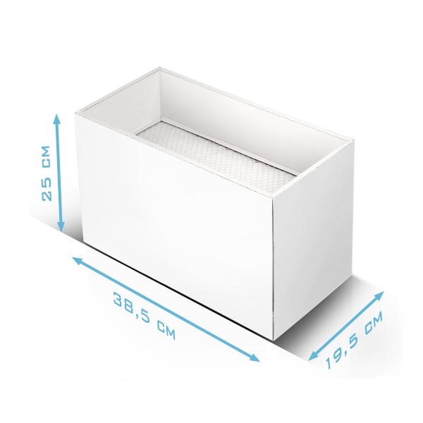 Weiße rechteckige Aufbewahrungsbox mit Maßen: Länge 38,5 Zentimeter, Breite 19,5 Zentimeter und Höhe 25 Zentimeter.