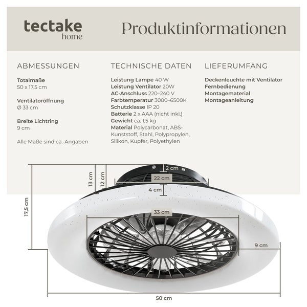 Tectake Home Deckenleuchte mit integriertem Ventilator inklusive technischer Zeichnung und Maßen sowie Leistungsdaten.