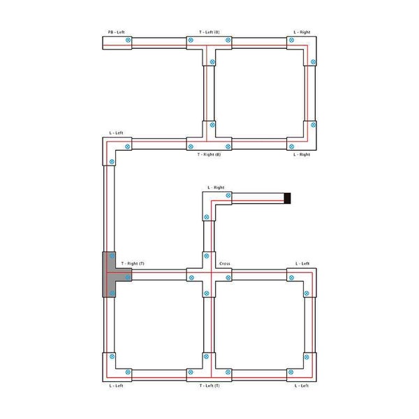Schematische Darstellung eines LED Schienensystems mit Verbindern und Eckstücken für die Innenbeleuchtung.