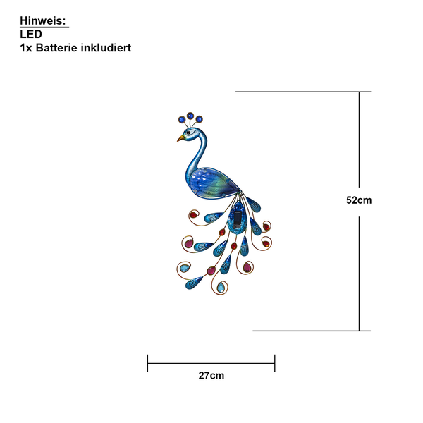 Dekorativer Pfau mit LED Beleuchtung und Maßangaben: 52 cm Höhe und 27 cm Breite