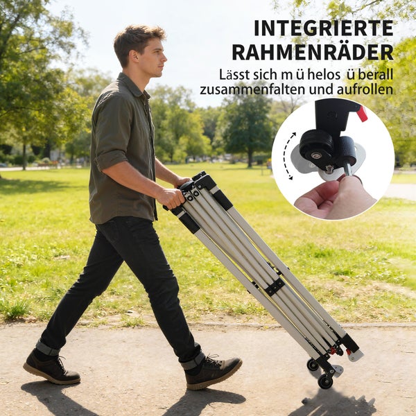 Ein Mann transportiert ein zusammengeklapptes Rahmengestell mit integrierten Rollen auf einem Weg, Detailansicht zeigt die Radmontage.