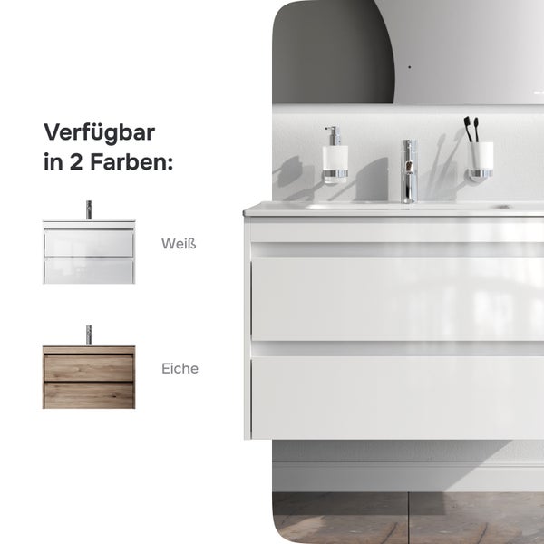Moderner Waschtischunterschrank mit zwei Schubladen in zwei Ausführungen erhältlich für ein organisiertes Badezimmer.