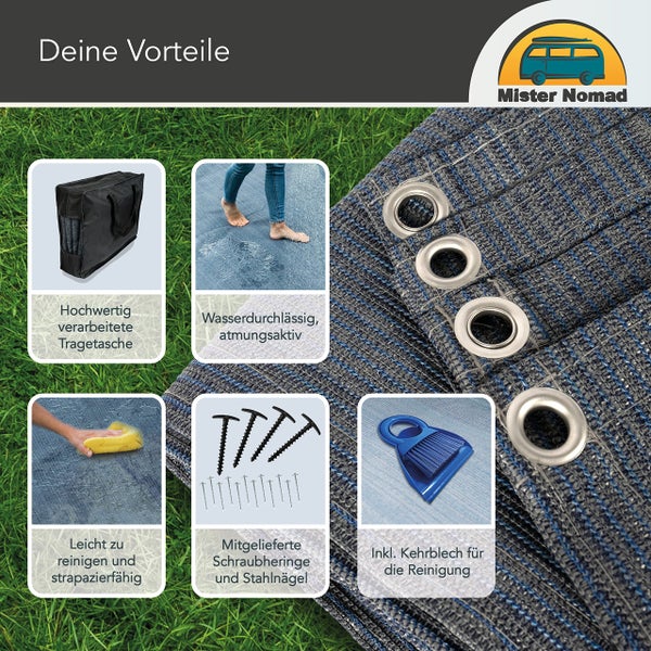 Mr Nomad Vorzeltteppich 2.0 m x 2.5 m - hochwertiger 300 g/m² Softer Camping Teppich blau/grau - idealer Vorzeltboden inkl Tragetasche, 4 T-Heringe, 12 Stahlnägel & Kehrblech