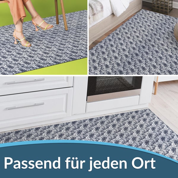 Mehrfachansicht einer Fußmatte mit Rosenmuster in verschiedenen Wohnbereichen