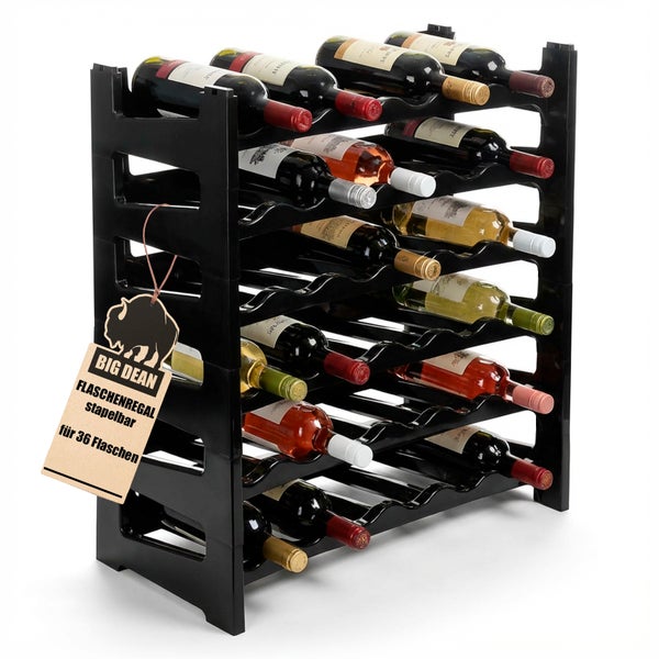 Schwarzes Flaschenregal für 36 Flaschen, teilweise bestückt