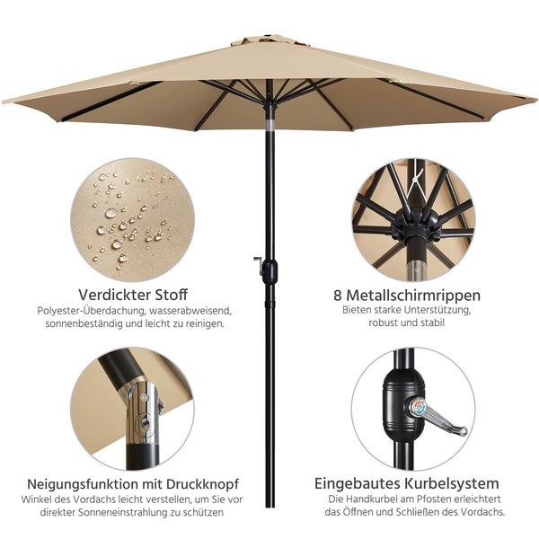 Beiger Sonnenschirm mit wasserabweisendem Polyesterbezug, Neigungsfunktion und Kurbelsystem