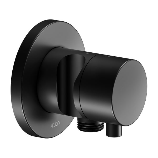 Keuco Wandanschlussbogen mit integriertem Brausehalter und Absperrventil, rund, schwarz matt.