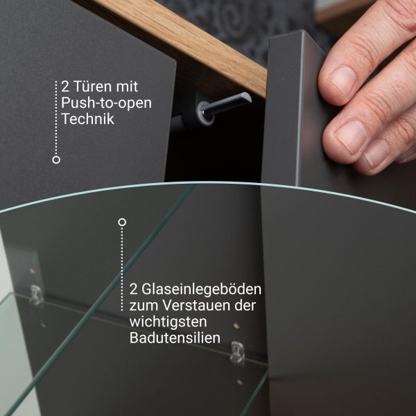 FACKELMANN FINN Badmöbel Set 2 Teile / Doppel-Midischrank mit Push-to-Open fürs Bad / 4 Holzfüße / Badschrank mit 2 Türen / Korpus & Front: Schwarz / Rahmendekor & Füße: Braun hell / Breite: 60 cm