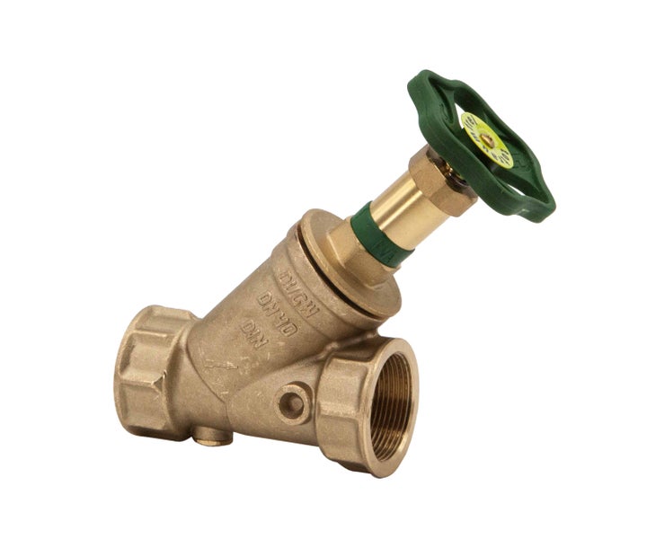 Schrägsitzventil aus Messing mit grünem Handrad und Innengewinde.