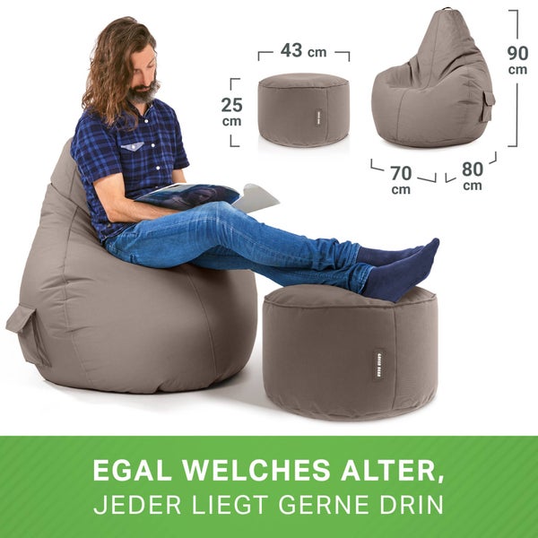 Green Bean 2er Set Sitzsack + Hocker - fertig befüllt - robust waschbar schmutzabweisend - Kinder & Erwachsene Bean Bag Bodenkissen Lounge Sitzhocker Relax-Sessel Gamer Gamingstuhl Pouf - Khaki