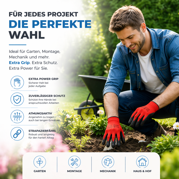 Mann bei der Gartenarbeit mit Arbeitshandschuhen. Griffige, schützende, atmungsaktive und robuste Handschuhe für Haus, Garten und Werkstatt.