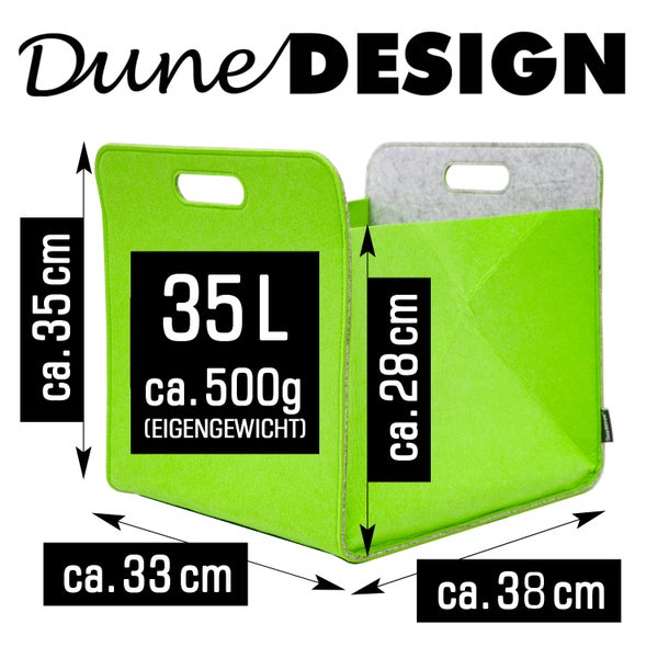Dune Design Filzkorb mit 35 Liter Volumen und Tragegriffen, Maße circa 35 mal 33 mal 38 Zentimeter, Eigengewicht circa 500 Gramm.