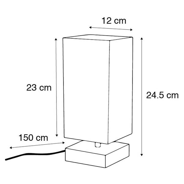 Maßskizze Tischleuchte: Breite 12 Zentimeter, Schirmhöhe 23 Zentimeter, Gesamthöhe 24,5 Zentimeter, Kabellänge 150 Zentimeter.