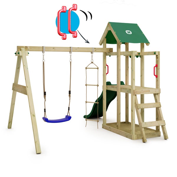WICKEY Spielturm Klettergerüst TinyPlace mit Schaukel und Rutsche, Kletterturm mit Sandkasten, Leiter und Spiel-Zubehör - grün