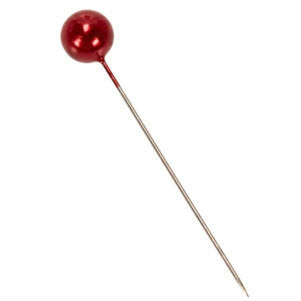 Eine einzelne Stecknadel mit einem runden Kopf aus Metall.