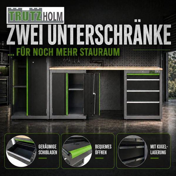 Trutzholm Logo. Werkstatteinrichtung mit zwei Unterschränken, Holz-Werkbank, geräumigen Schubladen mit Kugellagerung und einem Hochschrank.