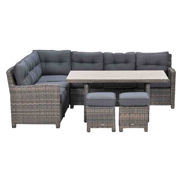 Gartenlounge-Set bestehend aus Ecksofa, Tisch mit heller Platte und zwei Hockern, Geflecht-Optik mit grauen Polstern.