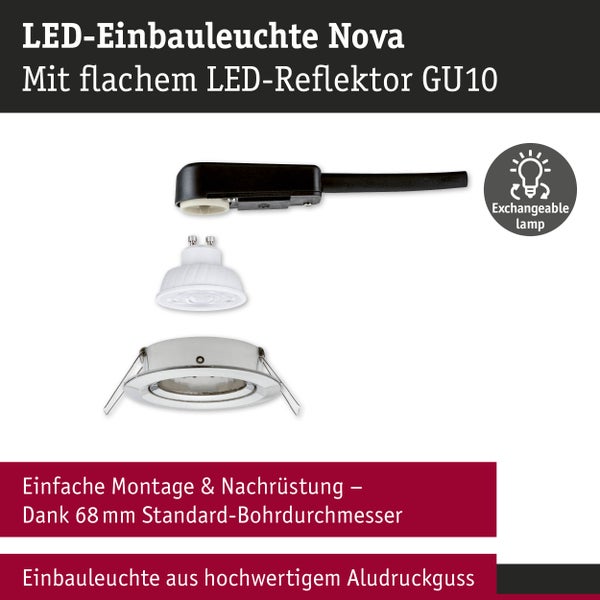 LED-Einbauleuchte Nova aus Aluminiumdruckguss mit flachem GU10 LED-Reflektor, austauschbarem Leuchtmittel und 68 Millimeter Bohrdurchmesser.