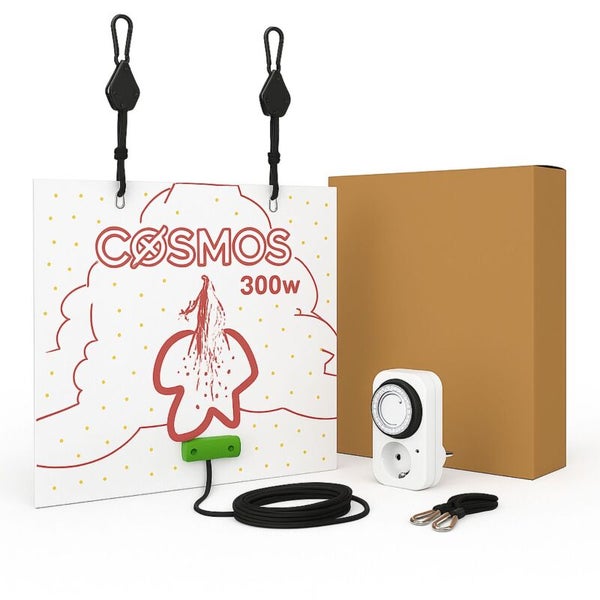 Pflanzenlampe Cosmos 300 Watt mit Aufhängesystem, Zeitschaltuhr, Kabel und Verpackungskarton.