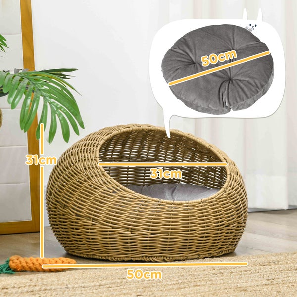 PawHut Rattan Katzenkorb, Ø50 x 31H cm, PE-Rattan, Polyester, Braun