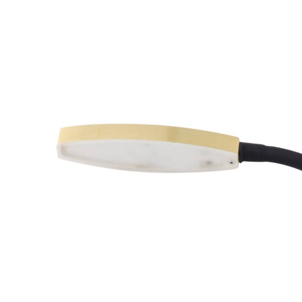 Flacher LED-Lampenkopf aus goldfarbenem Metall mit weißer Abdeckung und schwarzem Kabelanschluss.