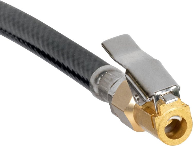 Hebelstecker für Reifenfüller an einem schwarzen Gummischlauch.