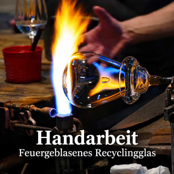 Handwerker beim Herstellen von feuergeblasenem Recyclingglas über einer Flamme.