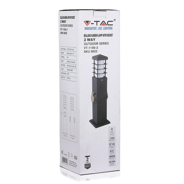 V-TAC VT-1156-2 - 2-Wege-Gartensteckdosen mit E27-Sockel - IP44 - Dunkel - Grau