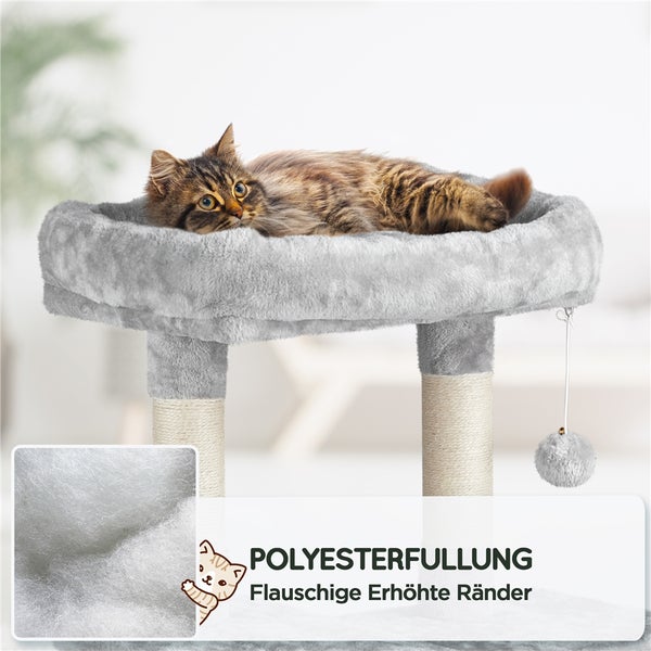 Katze liegt auf einem grauen Katzenbaum mit Sisalstämmen und Spielzeug