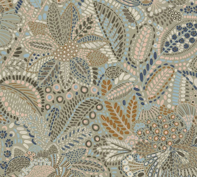 Tapete mit floralem Muster und stilisierten Blättern sowie Blüten in verschiedenen Strukturen und Formen als durchgehendes Wanddesign.