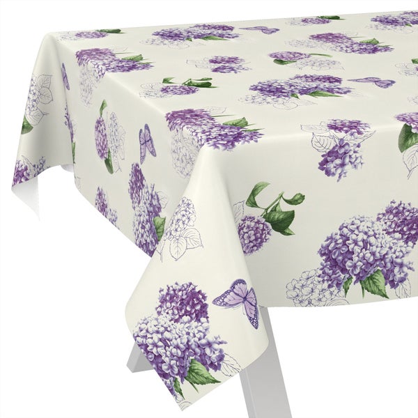 Abwaschbare Tischdecke mit lila Hortensien-Motiv und Schmetterlingen.