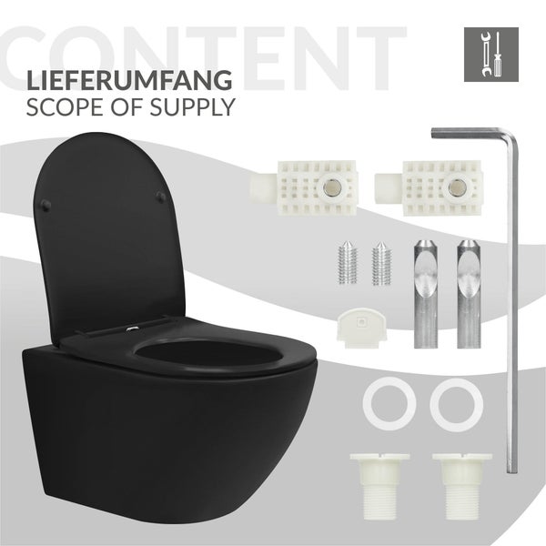 ECD Germany Hänge-WC lang, spülrandlos, schwarz matt, Wand-WC mit WC-Sitz abnehmbar aus Duroplast Softclose Absenkautomatik, Tiefspüler langer Ausladung 52 cm, Toilette aus Sanitärkeramik, Tiefspül-WC