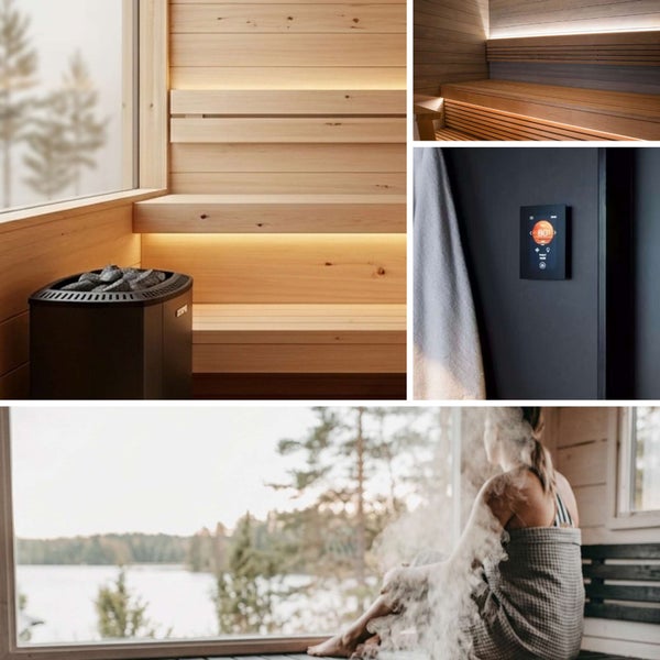 Moderne Innensauna mit Holzverkleidung, Saunaofen, indirekter Beleuchtung, digitalem Steuergerät und Ausblick auf eine Naturlandschaft.