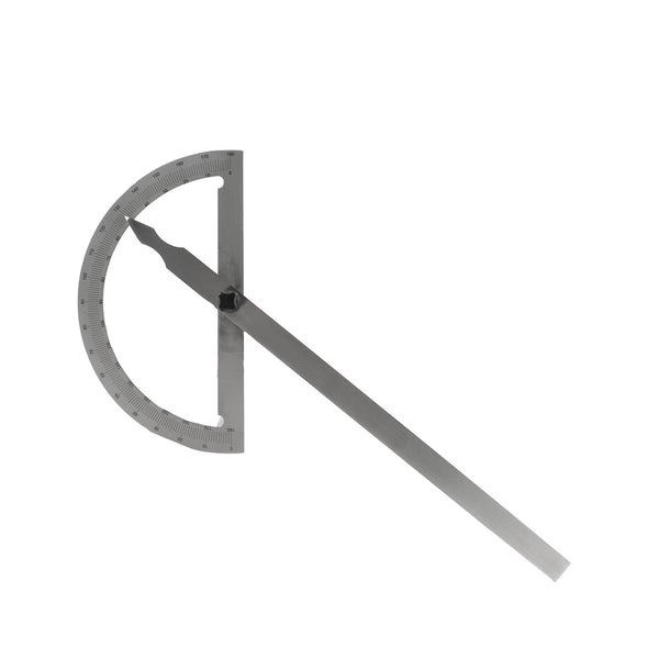 Gradmesser aus Metall mit verstellbarem Schenkel und Skala von 0 bis 180 Grad.