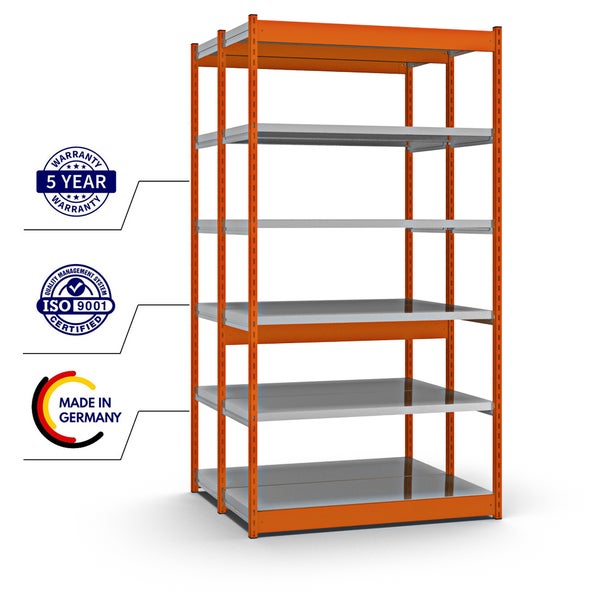 PROREGAL Fachbodenregal Stecksystem Vierkant-Profil Grundregal HxBxT 250 x 132,5 x 50 cm 2x6 Ebenen Doppelseitige Bauart Fachlast 200 kg Orange