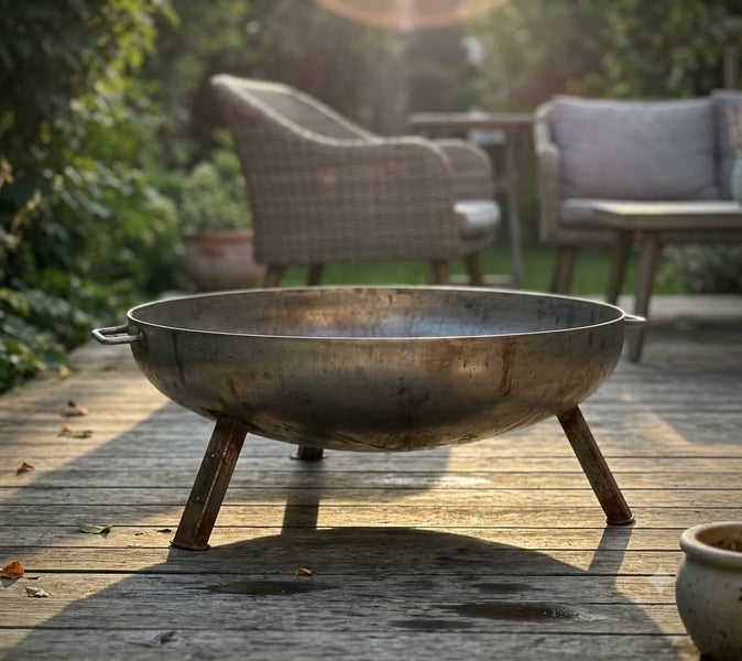Runde Feuerschale aus Metall auf drei Standbeinen stehend auf einer Holzterrasse im Garten.