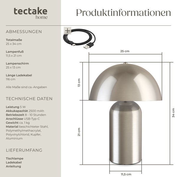Produktinformationen der Tischlampe inklusive Abmessungen, technischen Daten und Lieferumfang