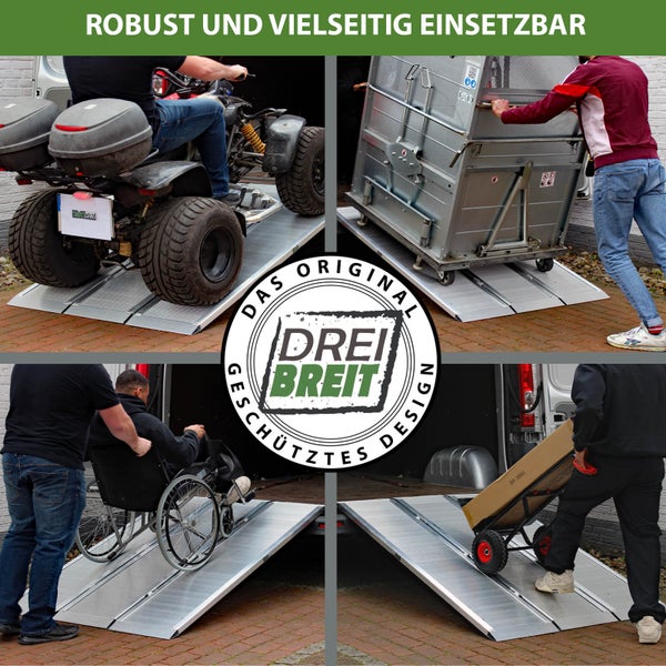 Vierfachansicht von Personen, die ein Quad, einen Wagen, einen Rollstuhl und einen Wagen über eine Rampe in einen Transporter schieben