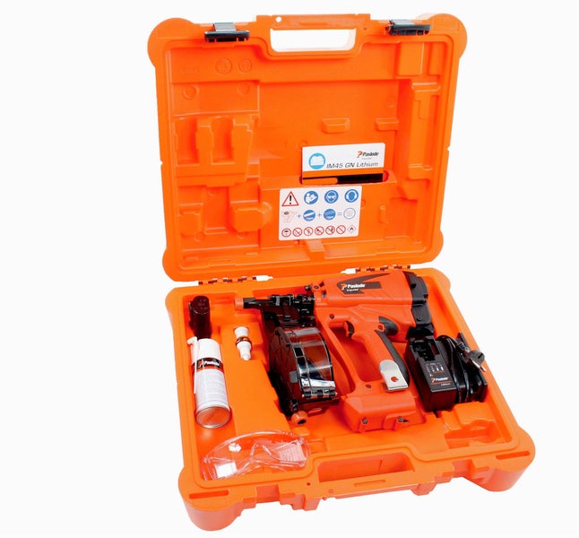 Paslode IM45 GN Lithium Nagelpistole im orangefarbenen Koffer mit Zubehör