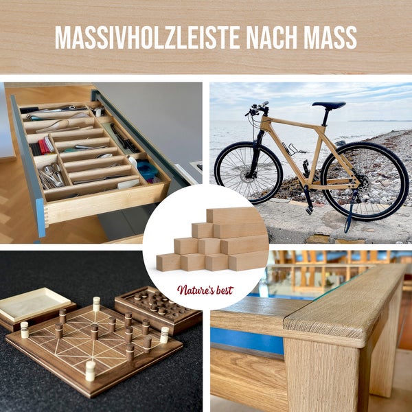 Collage mit Massivholzleisten nach Maß, Besteckeinsatz aus Holz, Holzfahrrad, Holzbrettspiel und Möbeldetail.