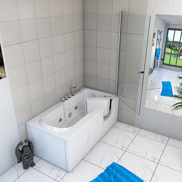 Modernes Badezimmer mit weißer Whirlpool-Sitzbadewanne mit Tür, Glas-Duschwand und beigen Wandfliesen.