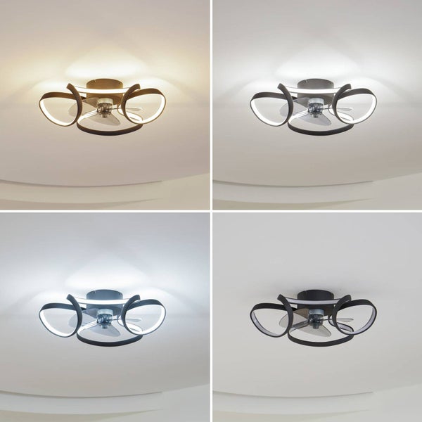 Moderner Deckenventilator mit integrierten LED-Ringen und vier verschiedenen Lichttemperatureinstellungen von warmweiß bis kaltweiß.