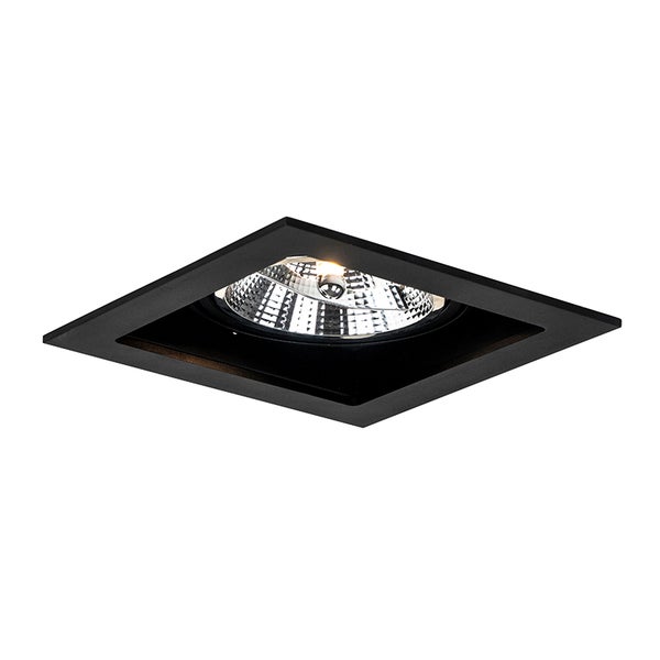Quadratischer Einbaustrahler in Schwarz mit Reflektor und Leuchtmittel.
