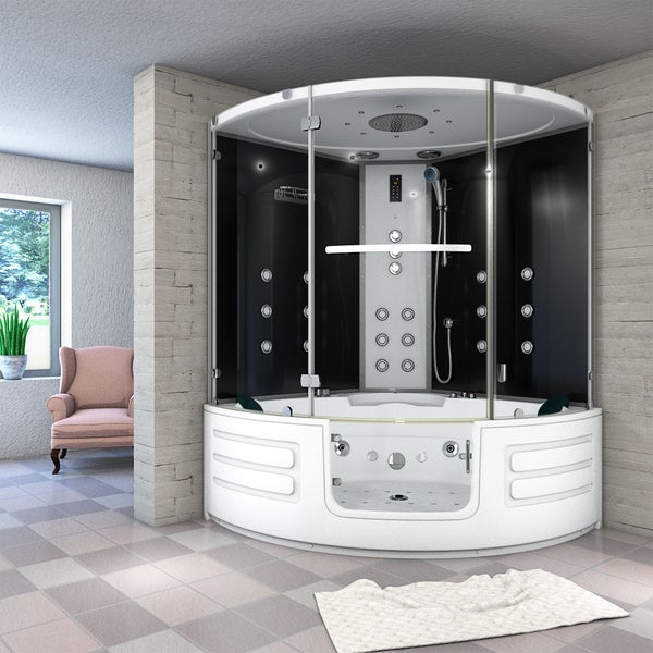 Große, runde Dampfduschkabine mit integriertem Whirlpool, Glaswänden und schwarzen Rückwänden in einem hellen Badezimmer mit Fliesenboden.