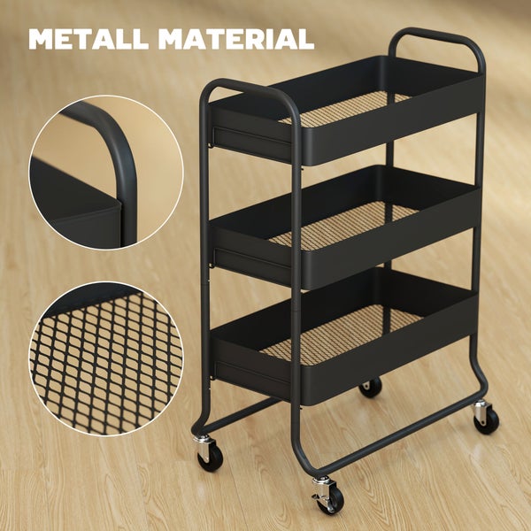 Schwarzer Rollwagen aus Metall mit drei Etagen, Gitterböden und vier Rollen.