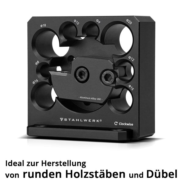 Stahlwerk Dübelmacher aus Aluminium CNC mit Stahlwerk Logo und Öffnungen für Durchmesser von 8 bis 20 Millimeter zur Herstellung von Holzstäben.